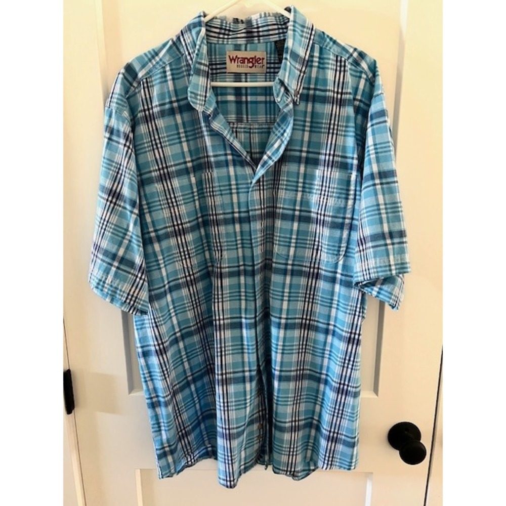 Wrangler Rugged Wear Mens XXL Light Blue Plaid Short Sleeve Button Down Shirt